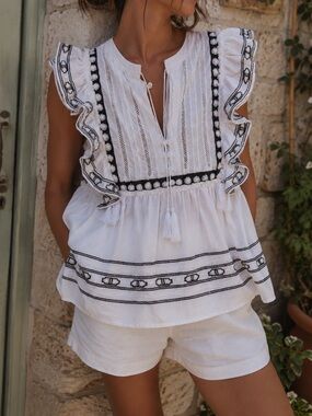 Sea New York Embroidered Cotton Blouse Tank White Navy Ruffle Fringe Lace Size 4